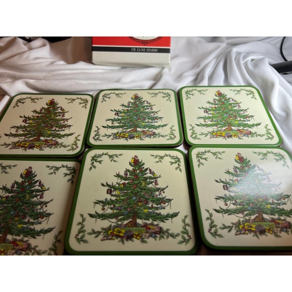 Vintage Spode Christmas Tree Coasters Pimpernel Set of 6 in box Square - Picture 5 of 5